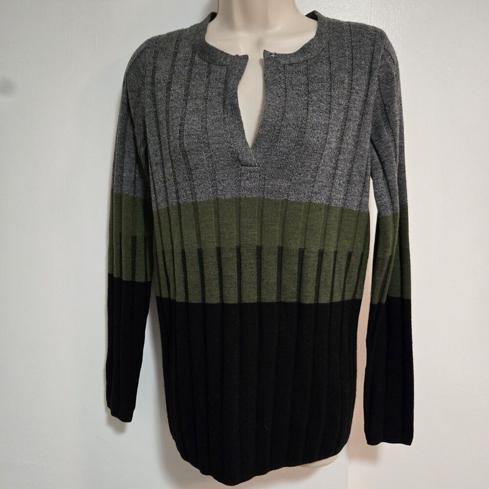 Pendleton Petite Size PS Gray Black Olive Lightweight Cable Knit V-neck Pullover